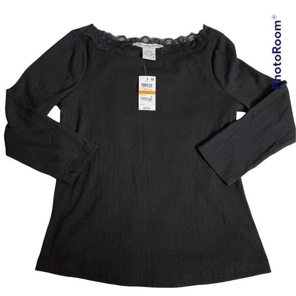 AMERICAN RAG Black Longsleeve Lace Neckline Shirt Knit NWT Small S - Picture 1 of 2